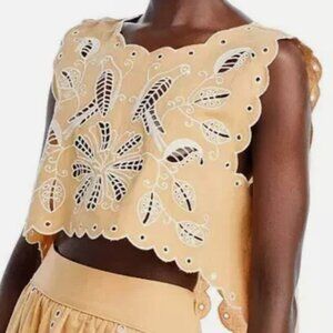 Farm Rio Richelieu Embroidered Sleeveless Linen Blend Crop Top